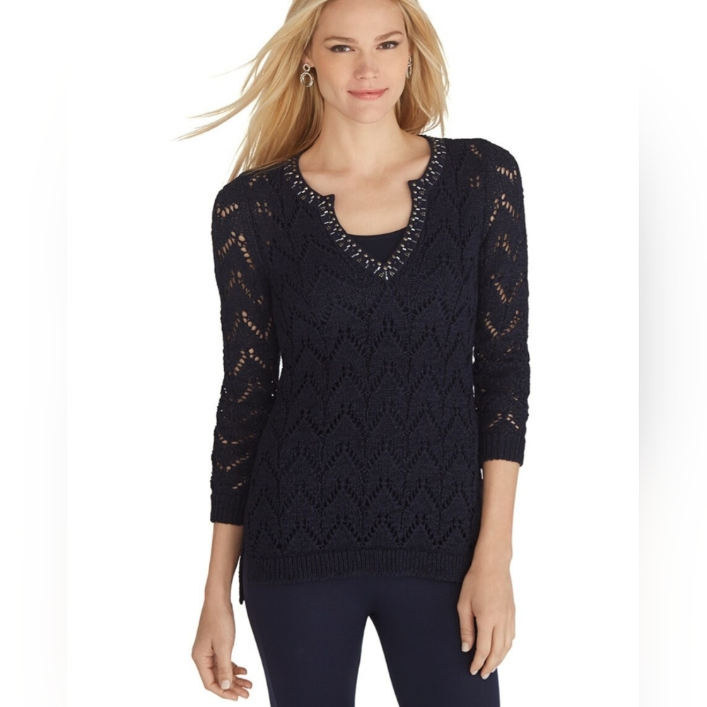 White House Black Market Long Sleeve Navy Embellished Sweater SMALL